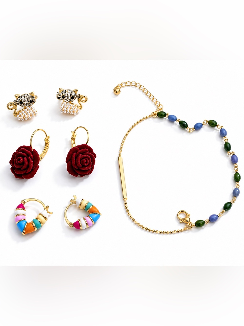 Mixed Jewelry Bundle – Gold Tone Earrings & Beaded Bracelet – 4-Piece Set